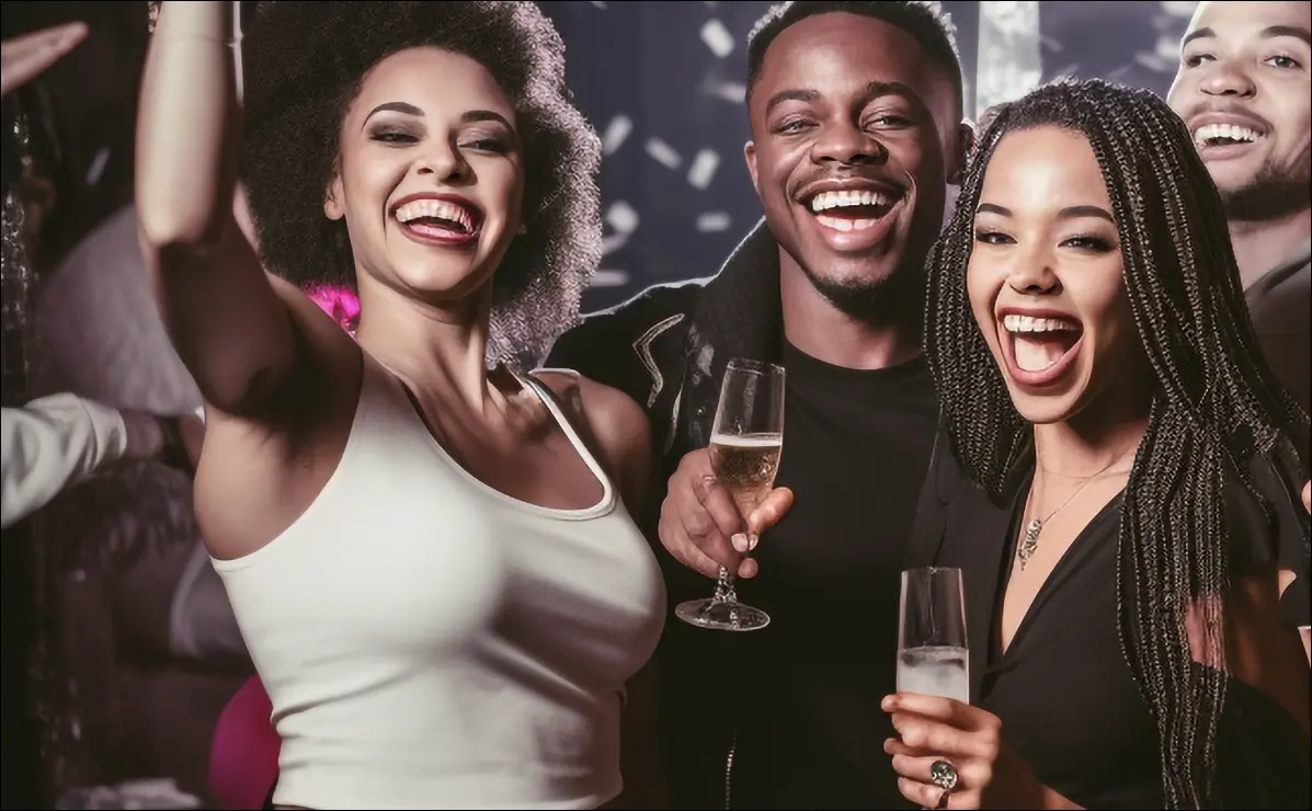 A group of friends socialize and enjoy the ambiance of the live performance at Revel Supper Club